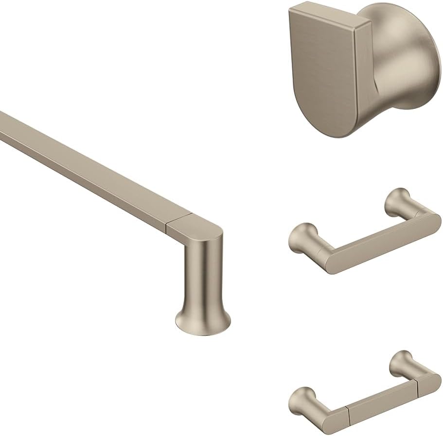 Bundle of Moen Genta LX Brushed Nickel Modern 24-Inch Single Wall Mounted Towel Bar, BH3824BN, Robe Hook, BH3803BN, Wall Mount Pivoting Toilet Paper Holder, BH3808BN, 6.8-Inch Hand-Towel Bar, BH3886BN