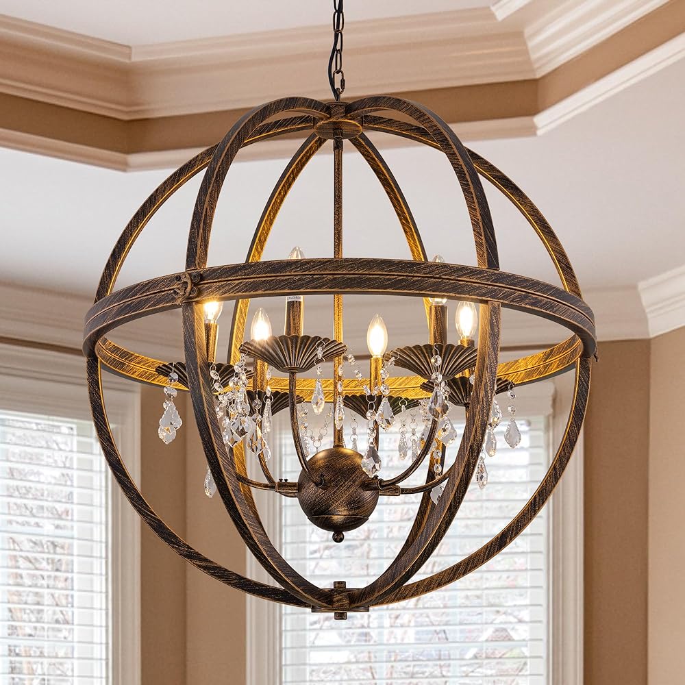 TOCHIC Farmhouse Chandelier 30''W, Large Globe Orb Crystal Chandelier Light, Antique Bronze Globe Pendant Hanging Lighting for High Ceiling, Dining Room, Living Room, Foyer, 6-Light