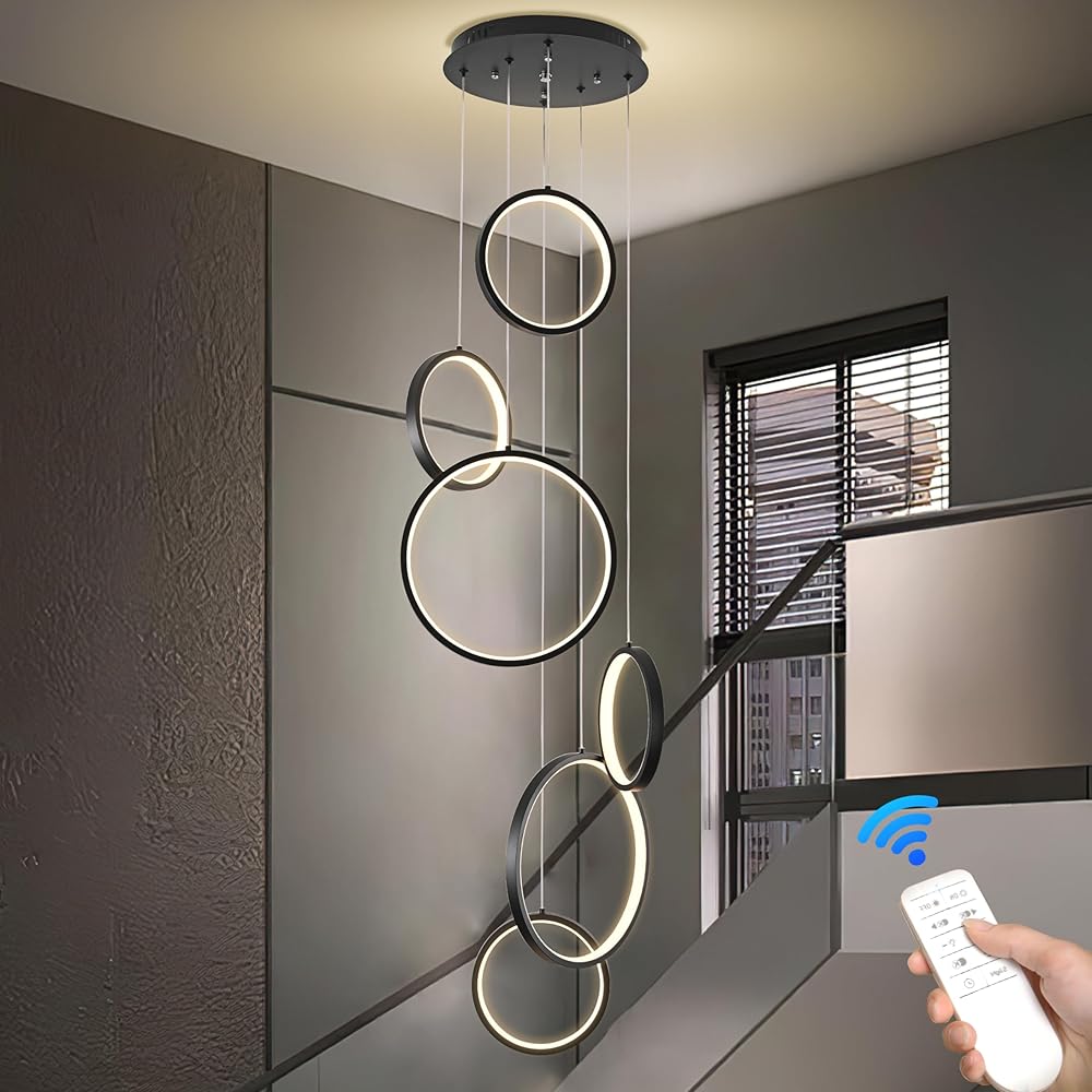 Black LED Ring Chandelier Modern Black Ring Pendant Light High Ceiling Ring Chandelier Adjustable Height Hanging Ceiling Light Fixture for Foyer High ceiling Entryway Staircase Living room