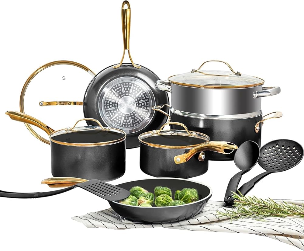 Gotham Steel 15 Pc Ceramic Pots and Pans Set Non Stick, Kitchen Cookware Sets, Pot and Pan Set, Ceramic Cookware Set, Non Toxic Cookware Set, Non Stick Pots and Pan Set, Dishwasher Safe - Black Gold