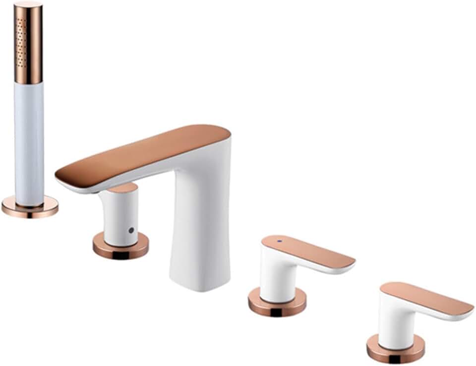Bathtub Faucets with Showerheads, Roman Tub Filler Deck Mount 5 Hole Brass Bathtub Faucets White and Rose Gold Bathtub Faucet Set