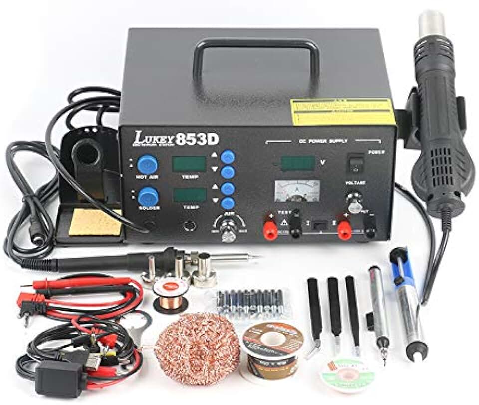 Soldering Lukey 853D 3 in 1 Soldering Station Rework Electric Soldering Iron Hot Air Gun DC Power Supply 15V 2A For Phone PCB IC Welding - (CN, Color: Black, Plug Type: US)