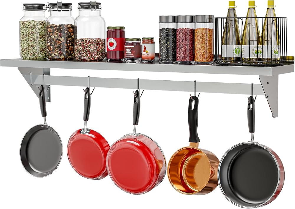 KoolMore Commercial Wall Mounted Pot Rack Organizer Shelf with 5 Removable Storage Hooks for Pots and Pans, Utensils, Kitchen Cooking Accessories, Stainless-Steel Holder (WMPS-1260), 12'' X 60''