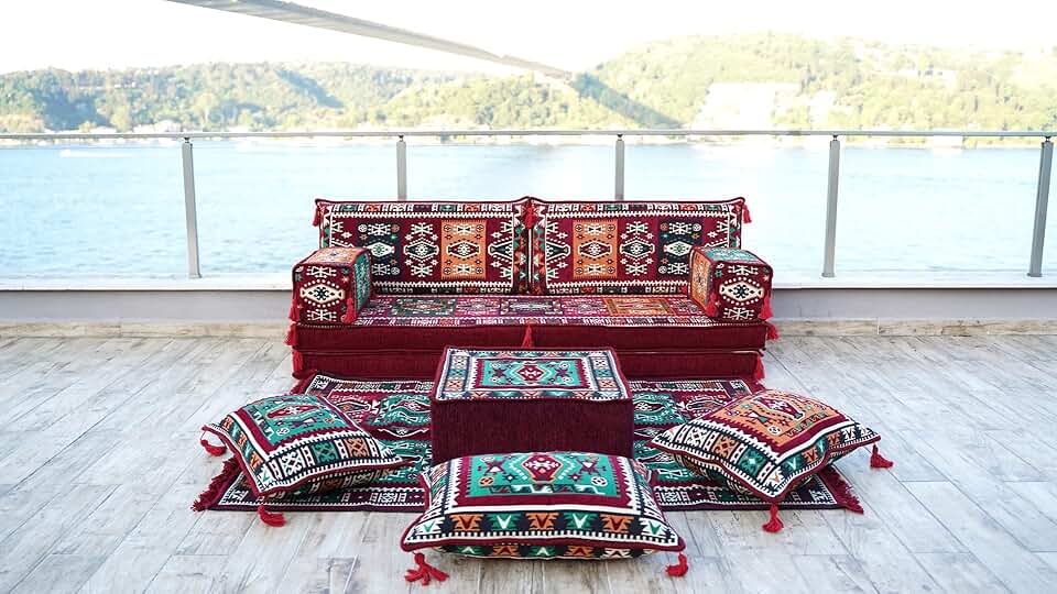 Arabic Single Sofa Set, Floor Cushions, Moroccan Rug, Arabic Jalsa, Sectional Sofa, Oriental Sofa, Loveseat Sofas (8'' Thickness Sofa, Sofa Full Set, Burgundy)