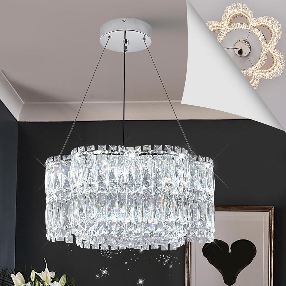 Dining LED Crystal Chandelier with Remote Control 20’’ Luxury Modern Chrome Chandeliers Light Fixture Dimmable for Bedroom Kitchen Foyer Entryway 3000-6500K