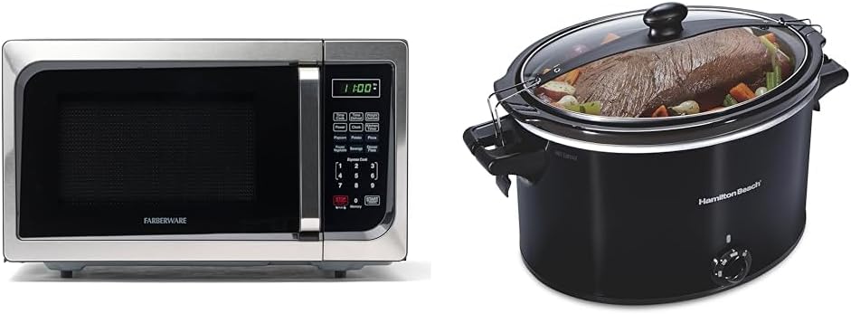 Countertop Microwave 900 Watts, 0.9 cu ft - Microwave Oven With LED Lighting & Hamilton Beach Slow Cooker, Extra Large 10 Quart, Stay or Go Portable With Lid Lock, Dishwasher Safe