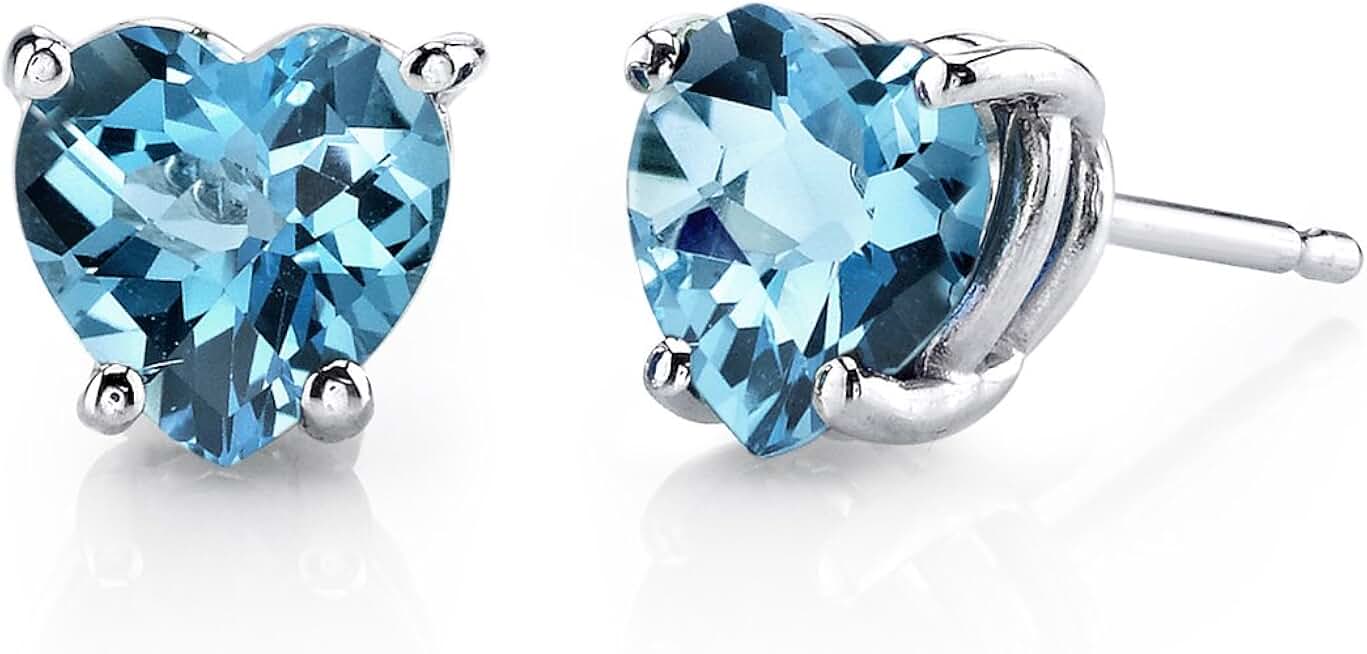 Peora Swiss Blue Topaz Heart Stud Earrings for Women 14K White Gold, Genuine Gemstone Birthstone Classic Solitaire Studs, 6mm, 1.75 Carats total, Friction Back