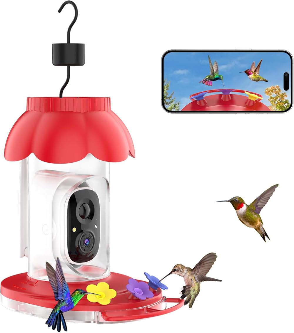 Smart Hummingbird Feeder with Camera, AI Identify Bird Breed,1080P Live Bird Watching Instant Notifications,Ant and Bee Proof,3 Color Feeding Ports,Hanging on Porch Patio(21 Ounces)