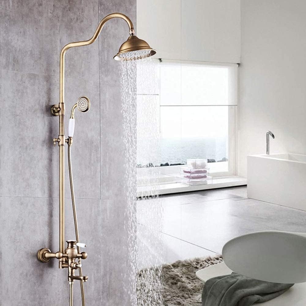 All Copper Antique Shower Set Hand Shower System European Retro Hot and Cold Faucet Large Shower Round Top Spray Bronze 3 Function Beautiful Practical