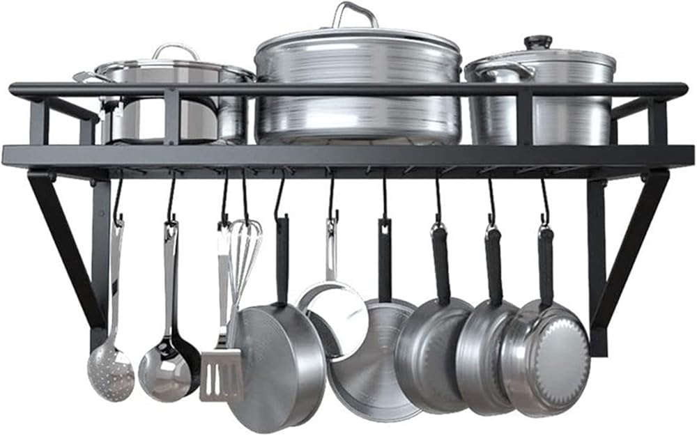 Wall Shelf Kitchen Racks Pot Pan Rack Organizer with 10 Hooks Metal for Cooking Utensils Wall Mount, Matte Black