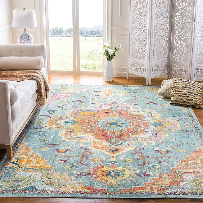 SAFAVIEH Crystal Collection 9' Square Teal/Orange CRS501J Boho Chic Oriental Medallion Distressed Non-Shedding Living Room Bedroom Dining Home Office Area Rug