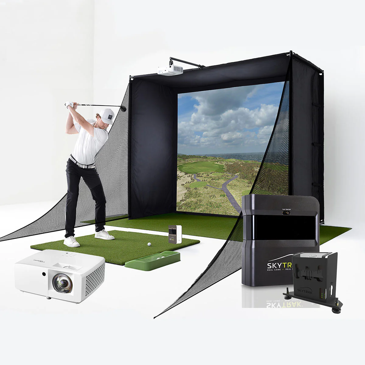 SkyTrak Golf Simulator Studio Package | PlayBetter SimStudio with Impact Screen, Enclosure, Side Barriers, Hitting/Putting Mats & Projector