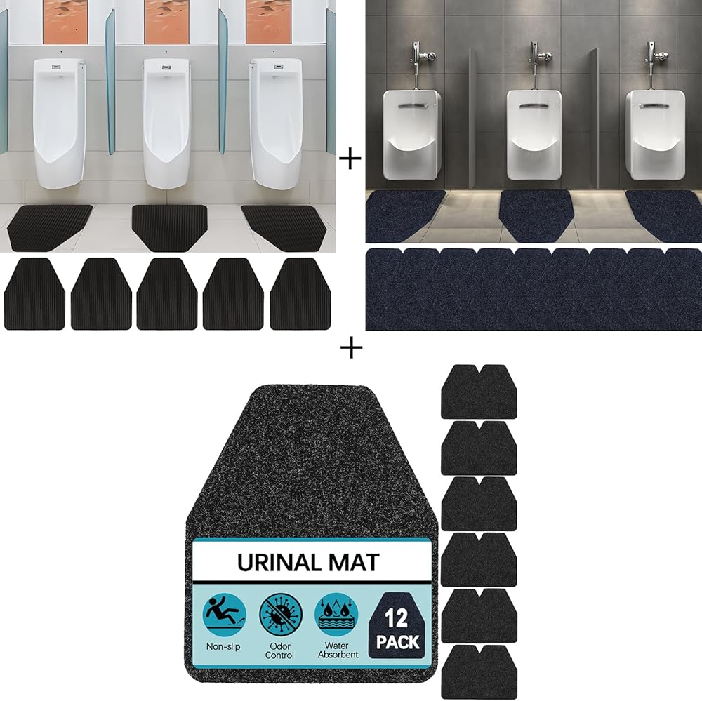 Urinal Mats for Men Bathroom, (12 Pack Black+12 Pack Dark Gray) TPR + 8 Pack PVC Washable Bulk Upgraded Thick Rubber Urinal Floor Mats for Toilet Commercial