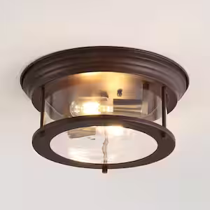JONATHAN Y Lauren 13.25 in. 2-Light Metal/Glass LED Flush Mount, Oil Rubbed Bronze/Brass Gold