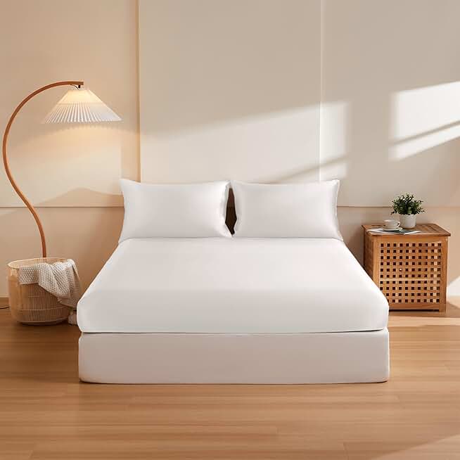 THXSILK Silk King Fitted Sheet 3Pcs Set, 6A+ Top Grade 100% Pure Mulberry Silk Bed Sheets Set Luxury Bedding Sheet for Hair and Skin, 1 Fitted Sheet with 2 Pillowcases, Cream White