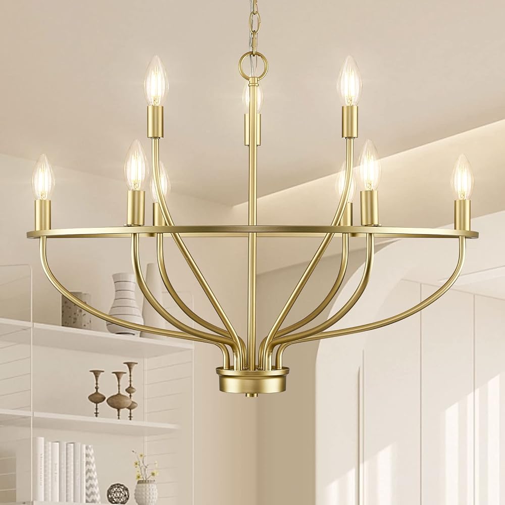 9-Light Gold Light Fixture Vintage Candle Chandelier Lighting Brass Dining Room Chandelier Over Table for Living Room Foyer Kitchen Island Bedroom, 28.54in, E12