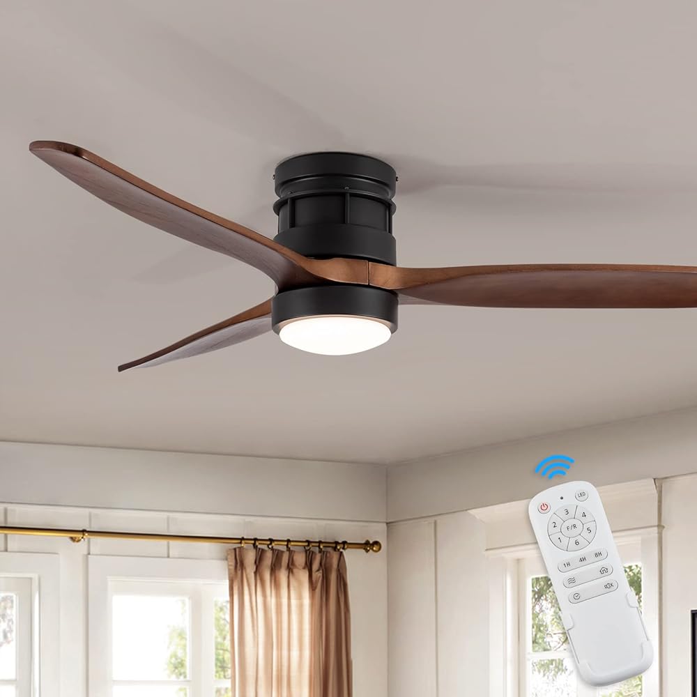 EKIZNSN 52 Inch Modern Outdoor Flush Mount Ceiling Fan with Lights Remote Control, Low Profile Wood Ceiling Fan with 3 Blades for Bedroom/Living Room, Walnut Wood