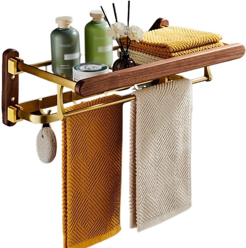 Bathroom Folding Bath Towel Rack Solid Wood Towel Rack Bathroom No Hole Space Aluminum Storage Placement