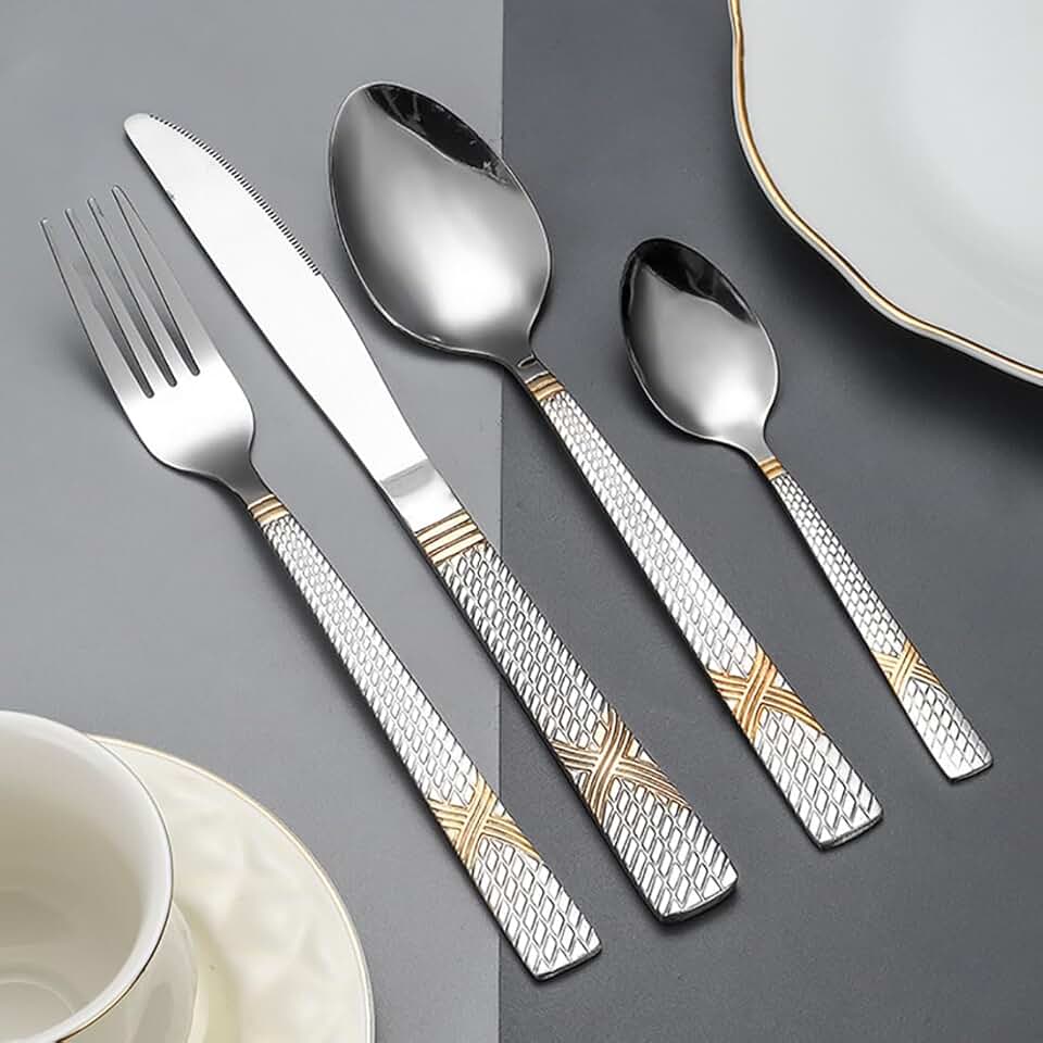 Silverware Set 48 Piece Flatware for 12 Silver Tableware Set w/Gold Accents Great Dinnerware Cutlery Set Utensils Fork Spoon Knife for Home Restaurant Hotel Gift Family Gatherings & Daily