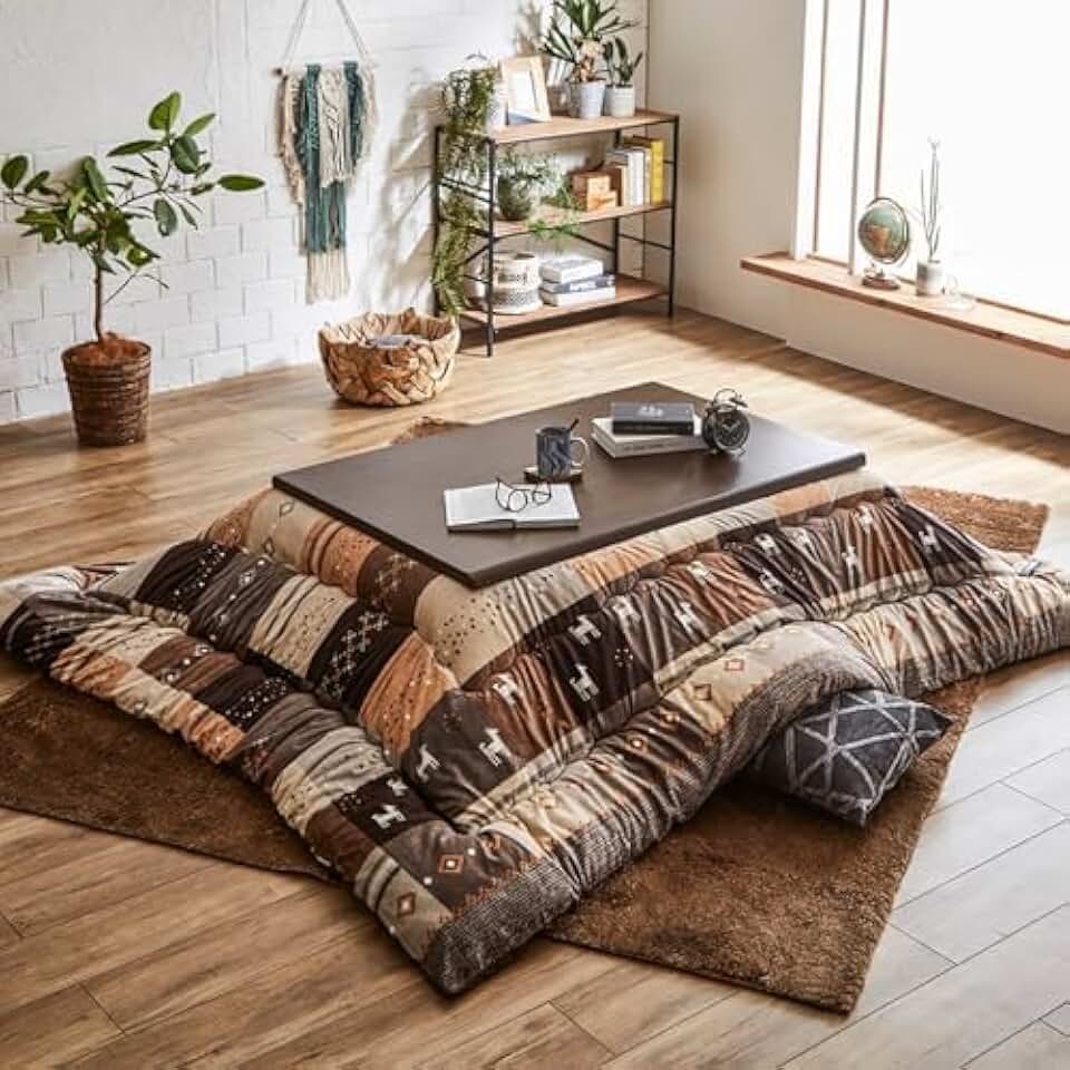 IKEHIKO Kotatsu Futon Comforter, Fluffy Premium Cotton, Kotatsu Fullfy Square Rectangle Shape Brown Checkered Heater Table, Japanese Futon Craftsman, Made in Japan 1498 (205×205cm)