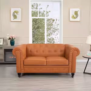 HOMESTOCK Caramel Chesterfield Love Seat with Rolled Arms, Tufted Cushions/2 Seater Sectional Sofa Couch for Small Spaces