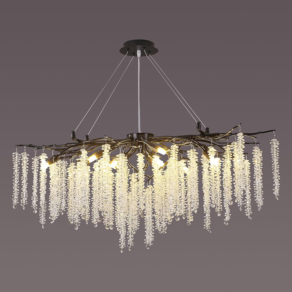 Modern Crystal Tree Branch Chandelier Black, L42'' Art Deco Large Rectangle Linear Raindrop Indoor Lighting Fixture for Dining Room Kitchen Island Living Room 12 Lights