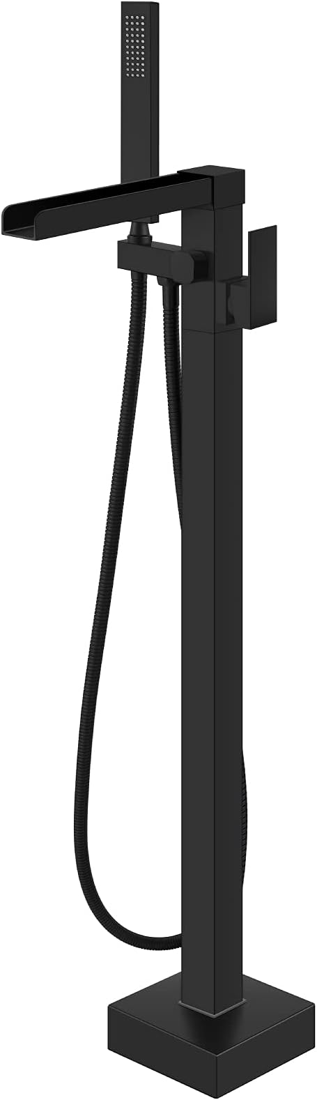 gotonovo Black Waterfall Freestanding Bathtub Faucet Floor Mount Tub Filler Single Handle Brass Tap with Hand Shower and 360 Degree Swivel Spout