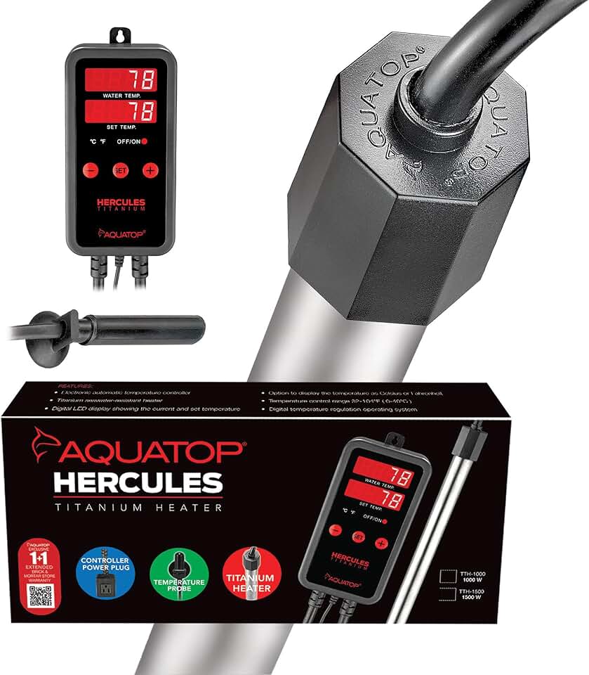 Aquatop Hercules 1,500-Watt Titanium Heater with Single Digital Controller - Up to 500-Gallon Tanks - Adjustable Temperature - Ideal for Fresh & Saltwater Aquariums