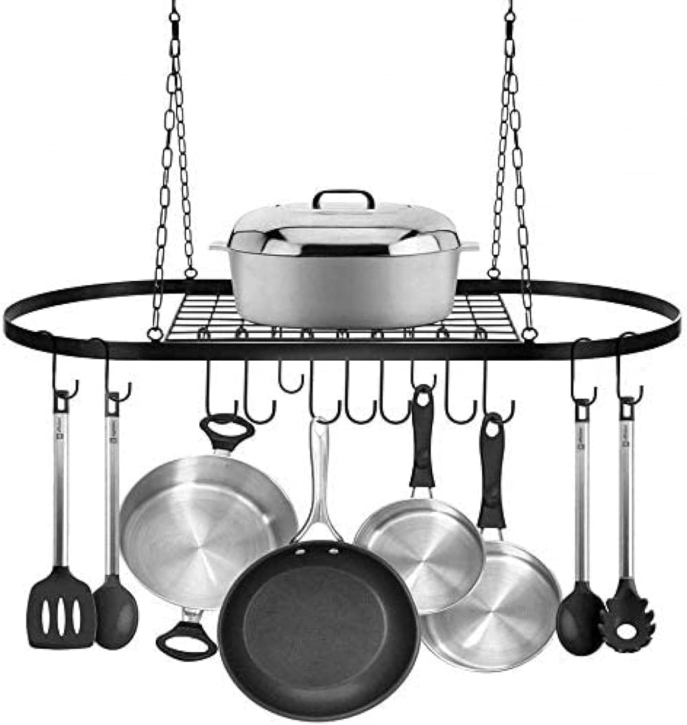 Hanging Pan Rack Pot & Pan Rack Hanging Hanger Organiser Kitchen Storage Shelf Tray Holder Kitchen Storage Shelf Tray Holder（Black）