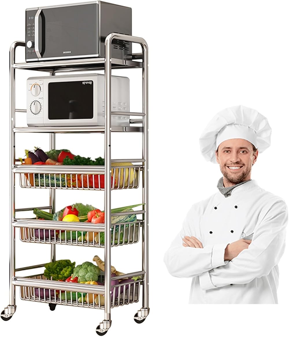 Kitchen Islands Cart 304 Stainless Steel, Utility Rolling Storage Cart with Wheels Storage, Trolley Services Wagon, Metal Storage Shelving Unit, for Snack Laundry Diaper Cart Bedroom, Home Office ( Co