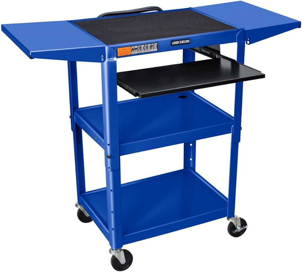 LUXOR UCMT1KBDL-RB Adjustable-Height Steel Utility Cart - Pullout Keyboard Tray, Drop Leaf, Royal Blue