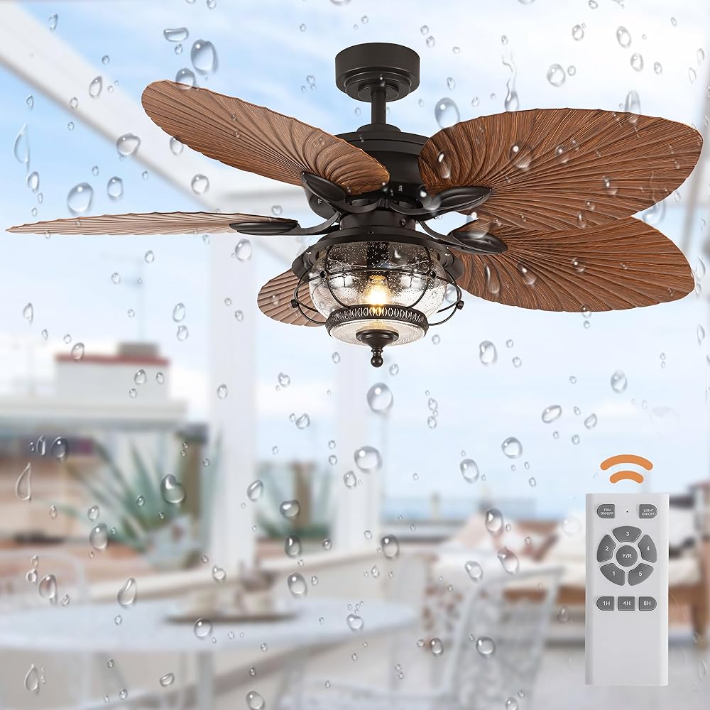 TIFEROR 52 in Wet Rated Ceiling Fans with Light and Remote, Tropical Outdoor Ceiling Fan with Light and Remote, Ceiling Fans Palm Island, for Gazebo Patio