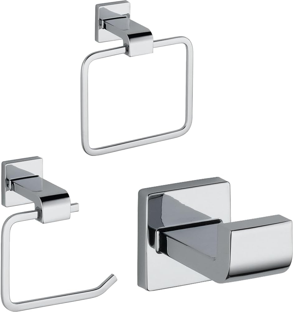Delta 77546 Ara Wall Mount Square Closed Towel Ring Bath & Ara Single Post Toilet Paper Holder, Polished Chrome & 77535 Ara Single Towel Hook Bath Hardware Accessory in Polished Chrome