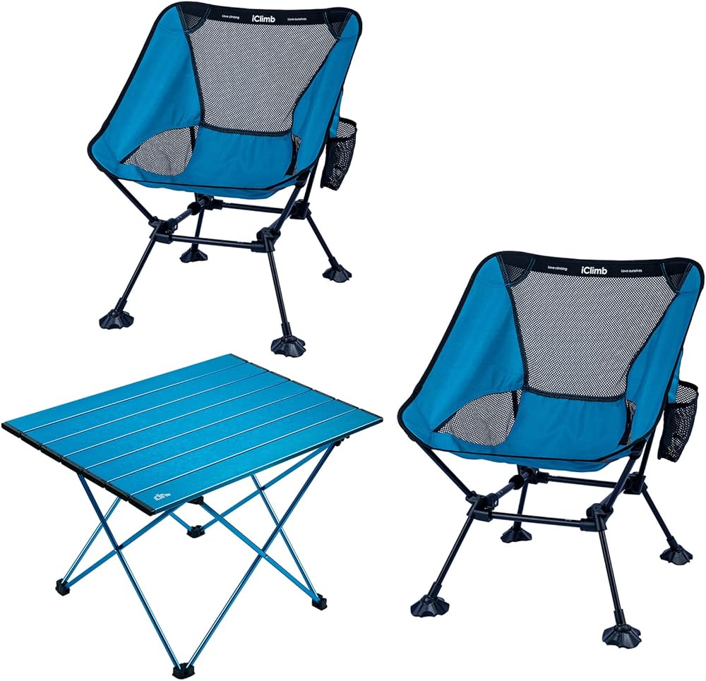 iClimb 2 Anti-Sinking Large Feet Chair and 1 Folding Table Bundle, Ultralight Compact for Two Adults Outdoor Backpacking Camping Hiking Beach Concert Motorcycling