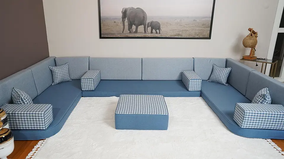 Arabic Floor Cushion, Majlis Sofa, Bench Cushion, Moroccan Sofa Set, Turkish Floor Sofa, Floor Seating, Sofa Set Living Room, Diwan Sofa (4'' Thickness Sofa, U Sofa + Ottoman, Blue)