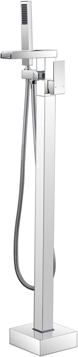 Freestanding Bathtub Faucet with Hand Shower, Chrome Floor Mount Tub Filler with Handheld Sprayer, Bathroom Floor Faucet, Free Standing Tub Faucet Set, Solid Brass, Single Handle - Huifeidezhu