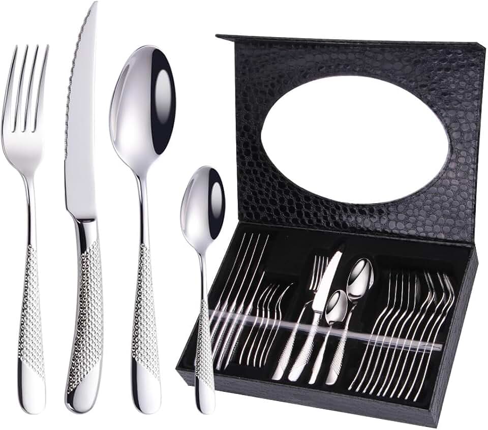 Hammered Silverware Set 32-Piece Stainless Steel Flatware Set for 8, Food-Grade Tableware Cutlery Dinnerware Set Kitchen Utensil Sets for Home Restaurant, Mirror Finish, Dishwasher Safe