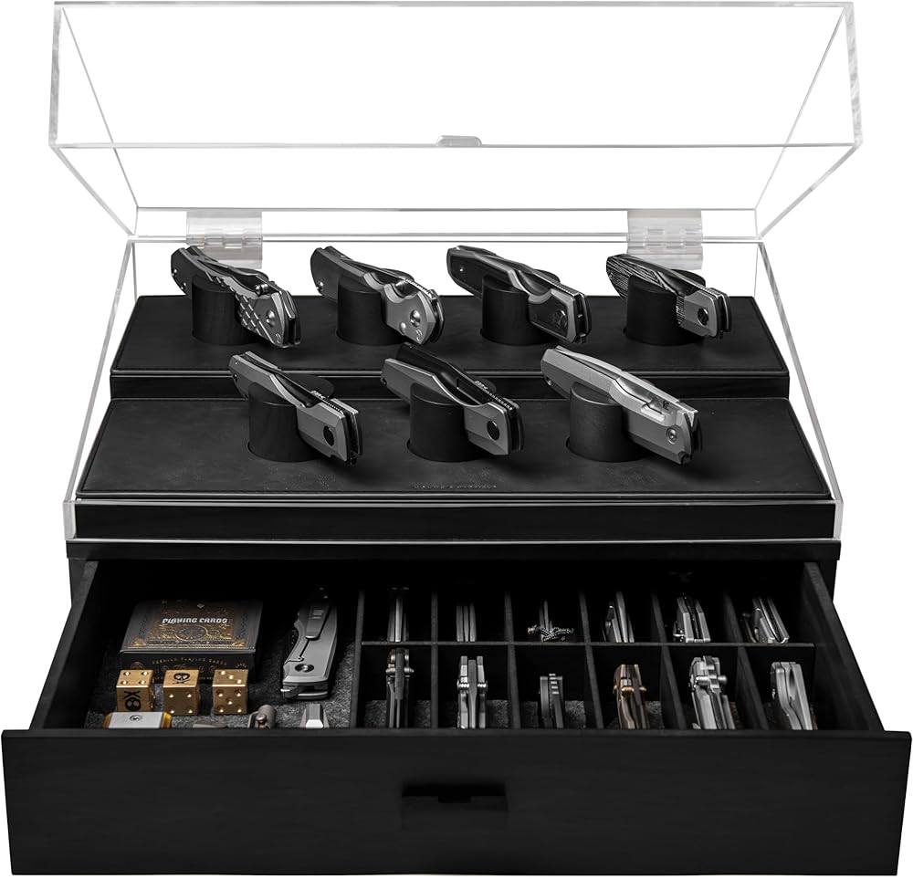 Display Your Knife Collection with The Armory Pro – Premium Pocket Knife Display Case for 20-30 Knives – Easy Access, Huge Drawer & Leather Lining – Wooden Pocket Knife Holder – Lifetime Assurance