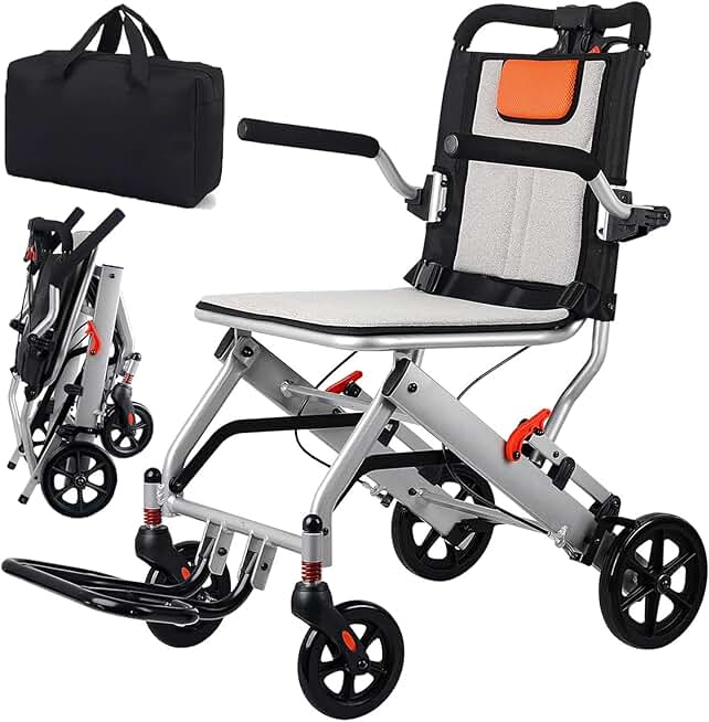Super Lightweight (Only 19lbs) Portable Transit Travel Wheelchair, Folding Transport Wheelchairs for Adults and Seniors Support 220lbs, Lightweight Aluminum Wheelchair for Elderly