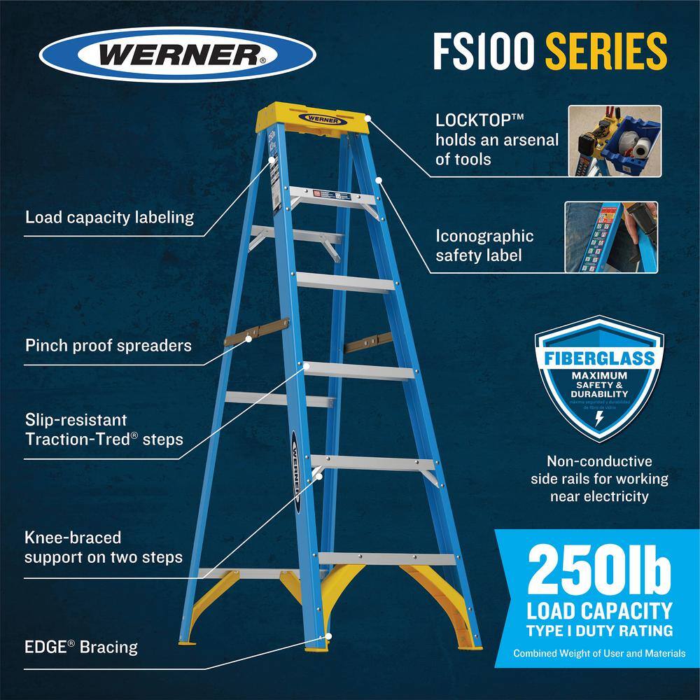Werner 6 ft. Fiberglass Step Ladder (10 ft. Reach Height) with 250 lb. Load Capacity Type I Duty Rating