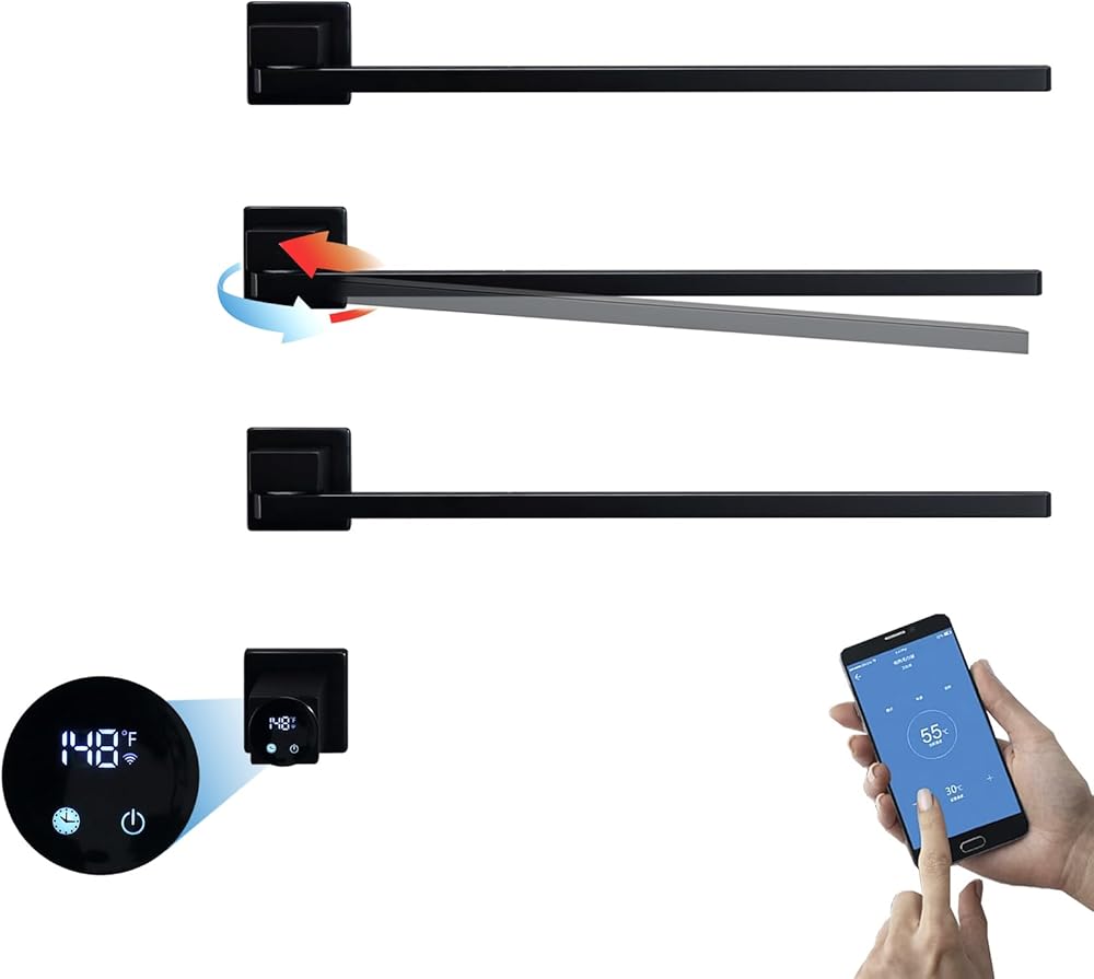 Heated Towel Rack, Digital Display Towel Warmer 180° Swivel Radiator Towel Rail WiFi Control Electric Towel Rail Timer 1-24H, 115°F—145°F Concealed 66W Heated Towel Rack for Bathroom