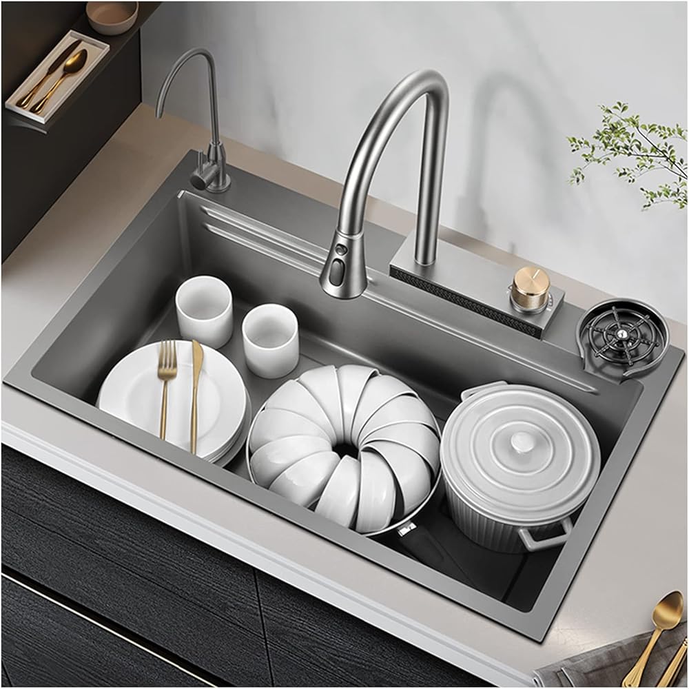 304 Stainless Steel Waterfall Kitchen Sink Gun Grey Single Bowl Bar Sink Multi-Function Household Rv Sink with Faucet and Cup Washer Top Mount Or Under Mount, 75x46x22cm