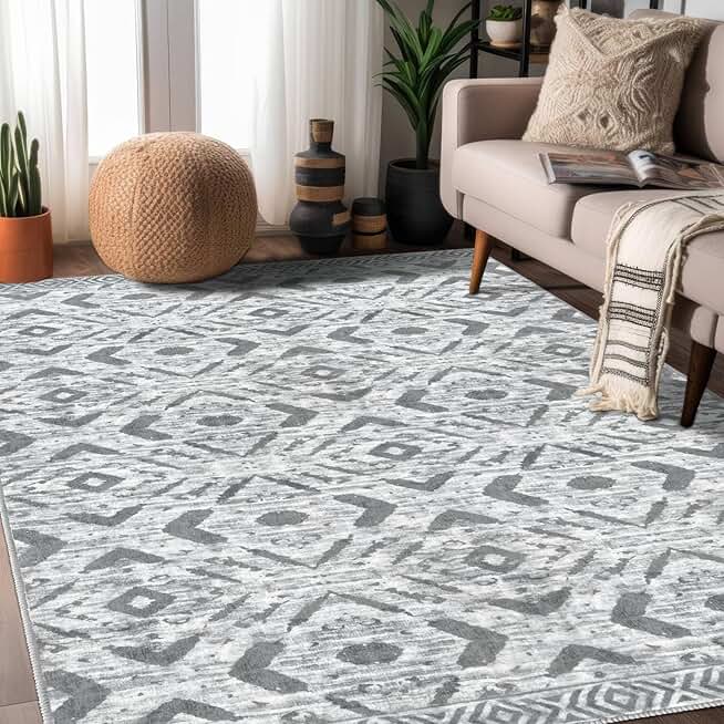 KILOCOCO Living Room Rug 9x12 Area Rug Boho Washable Rug Bedroom Rug Non Slip Large Moroccan Rug Indoor Foldable Carpet for Dining Room Office Farmhouse Geometric Rug, Grey White Blue