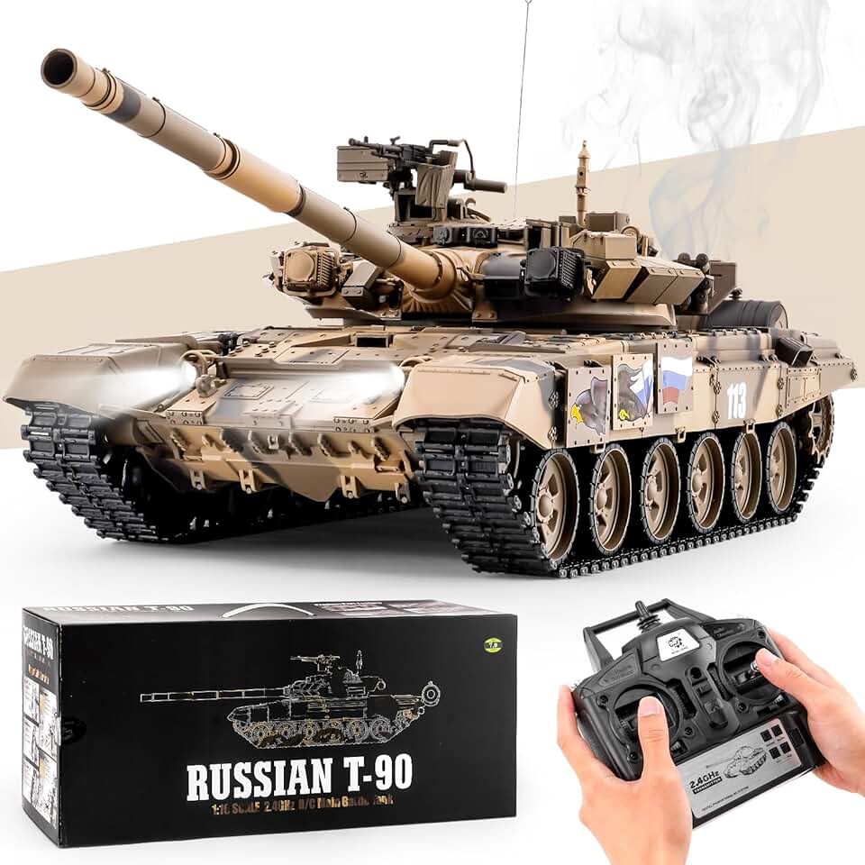 RC Tank Russian T-90 Main Battle Tank, 1/16 2.4ghz Remote Control Tank Vehicles Model with Sound & Light for Ages 14+