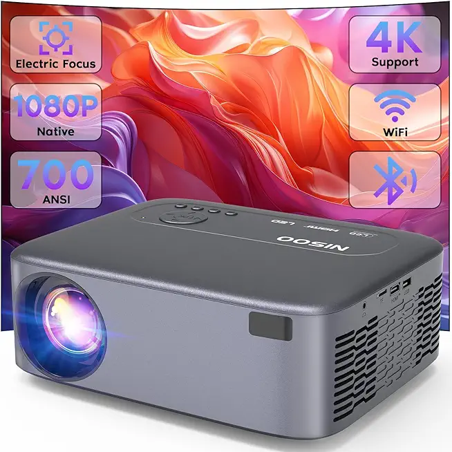 【Electric Focus】NISOO Native 1080P Projector, 4K Portable Projector with 700 ANSI, Projector with WiFi and Bluetooth, Zoom Function, Outdoor Movie Projector for Phone/Laptop/TV Stick/DVD/USB/HDMI