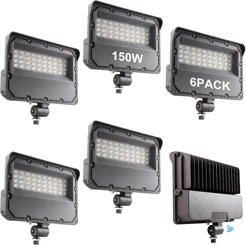 6Pack 150W LED Flood Light Outdoor with Knuckle, 100-277V【Driver Equipped, 5 Years Warranty】IP65 Waterproof 21000LM, 5000K Daylight [Eqv. to 1000W HPS/WH] Dusk to Dawn Photocell Sensor-Brown