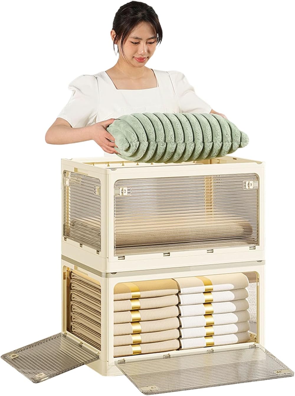 2-Tier Foldable Storage Bins - Closet Organizers and Storage - Clear Stackable Plastic Storage Cabinet - Collapsible Shoes Storage Box with Door, for Toys, Books, Snacks, Clothes