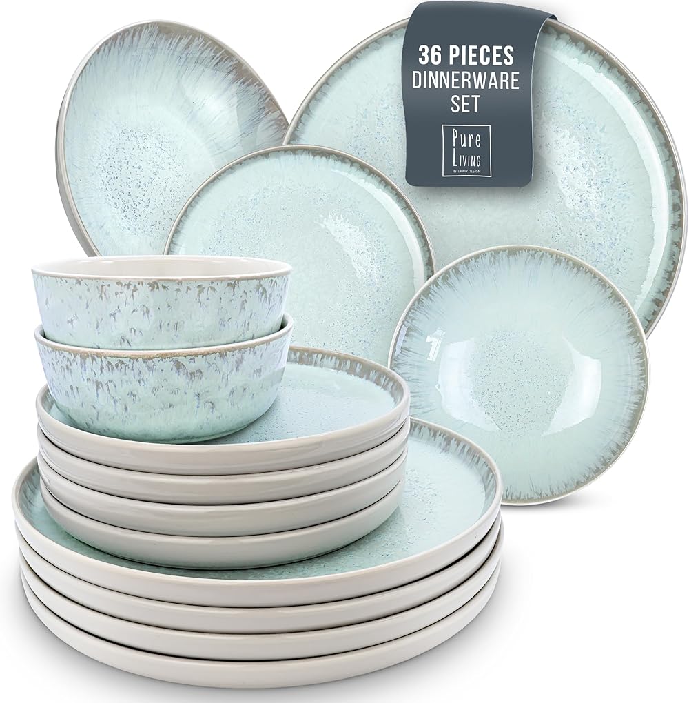 32 Piece Dinnerware Sets for 8 - Modern Style Stoneware Dinnerware Set - Scratch Resistant, Dishwasher Safe Plates and Bowls Sets Ceramic, Dish Set, Bowl and Plate Set - Beige and Blue