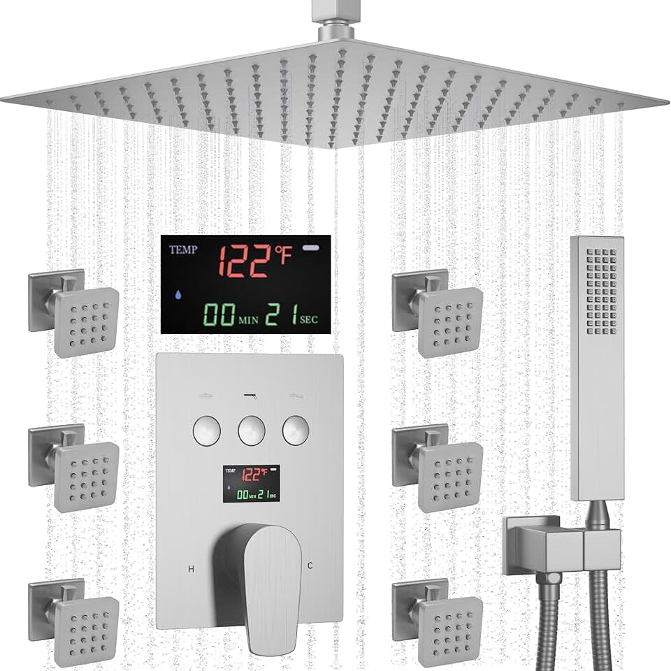 AYIVG Brushed Nickel Shower System with Shut-Off Body Jets Body Jets 12 Inches Rain Shower Faucet Set and Handheld Sprayer Ceiling Mounted 3 Way Temperature Display Shower Valve and Trim Kit