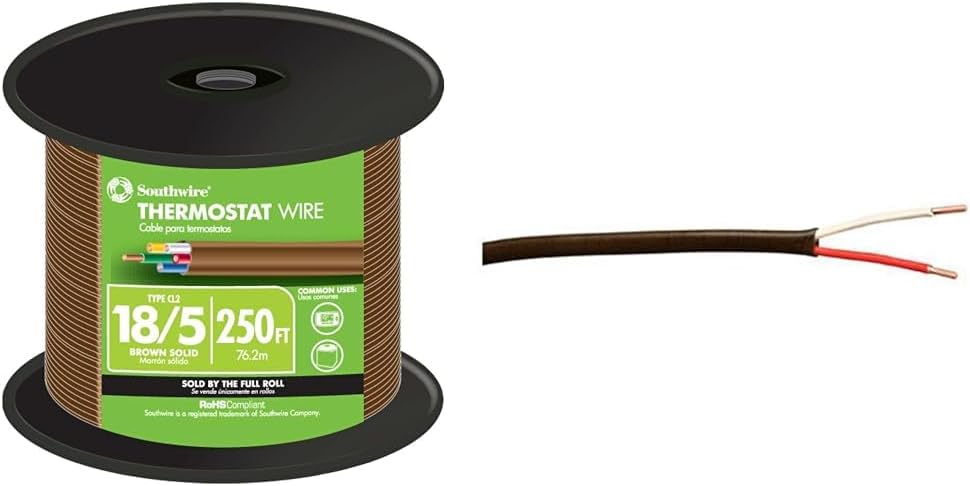 Southwire 64169644 Thermostat Wire, Brown & Woods Coleman Cable 553026607 Thermostat Wire; CL2 Solid Bare Copper; 18/2; 500-Foot; Brown